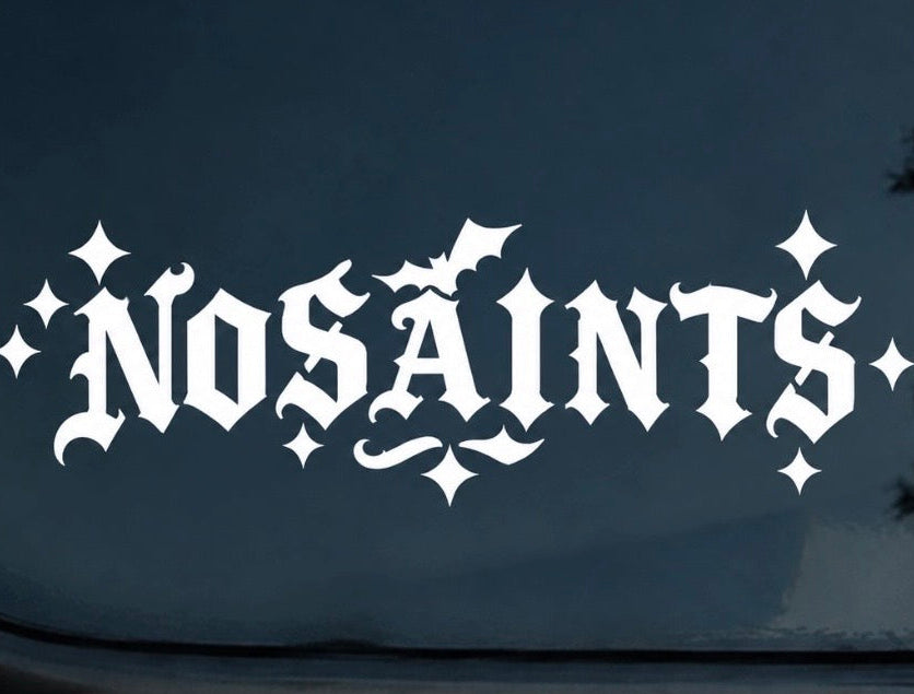 NOSAINTS windshield decal on car window - white
